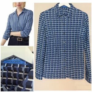J. McLaughlin Betty Top Navy and White Patterned Button Down